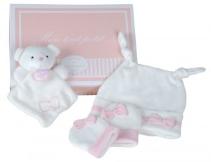 coffret naissance rose bonnet + moufles+doudou